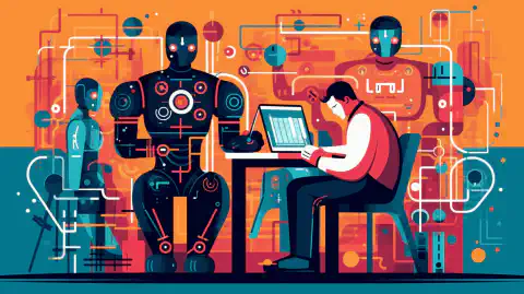 Un'illustrazione colorata di un tester umano e di un robot tester che lavorano insieme per testare le applicazioni software.