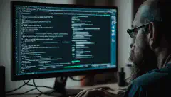 Uno sviluppatore seduto al suo computer, che digita sulla sua tastiera con la ChatGPT CLI aperta sul suo terminale.