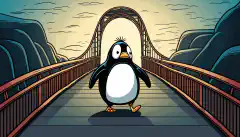 Un simpatico pinguino Linux dei cartoni animati che cammina fiducioso su un ponte verso un futuro di successo.