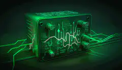 un circuito stampato verde a forma di scatola con simboli di connettività Internet come fili collegati ad esso.