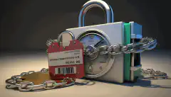 Un lucchetto con una catena avvolto intorno a un rapporto di credito, che simboleggia la protezione e la sicurezza che il congelamento del credito offre contro il furto di identità e le frodi