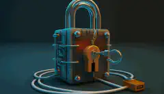 Un lucchetto e una chiave in piedi su un cavo di rete, a rappresentare simbolicamente la Zero Trust Security.