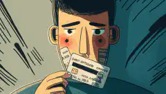 Una persona che tiene una carta di credito in una mano e un lucchetto nell'altra, con un'espressione preoccupata, come se fosse preoccupata per la sicurezza dei propri dati personali.