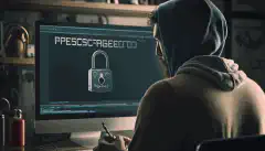 Una persona che tiene un lucchetto davanti allo schermo di un computer che visualizza un messaggio con la scritta Protetto