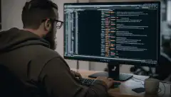 Una persona seduta davanti a un computer, che digita codice in un'interfaccia a riga di comando con righe di testo che scorrono sullo schermo.