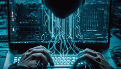 Una persona che digita su una tastiera con uno sfondo di server informatici e cavi di rete, che rappresenta l'uso di PowerShell per le operazioni di cybersecurity e la conformità.