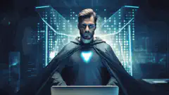 Un professionista con un mantello da supereroe, in piedi davanti allo schermo di un computer con uno scudo che rappresenta la cybersecurity.