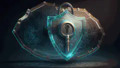 Uno scudo con un lucchetto e una chiave simboleggia la cybersecurity, mentre una lente di ingrandimento rappresenta la gestione del rischio.