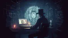 Un'immagine simbolica che raffigura un hacker che indossa un cappello nero e digita su un computer, mentre sullo sfondo uno scudo con un lucchetto protegge una rete.