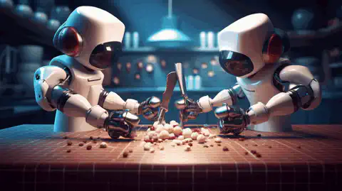 Un'immagine simbolica che rappresenta i tre strumenti di automazione, Ansible, Puppet e Chef, impegnati in una competizione amichevole.