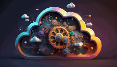 Una vivace illustrazione animata in 3D di una nuvola con ingranaggi all'interno, che rappresenta un ambiente cloud ibrido e mostra la gestione efficiente e automatizzata dell'infrastruttura cloud.