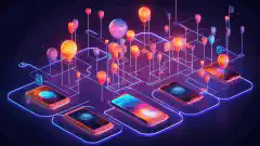 Un'illustrazione vibrante che mostra una rete di dispositivi interconnessi con il marchio Helium Mobile, che simboleggia l'approccio innovativo e decentralizzato alla connettività mobile.