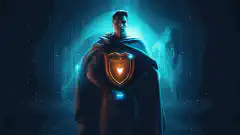 Un esperto di cybersicurezza animato che indossa un mantello da supereroe, in piedi con sicurezza con uno scudo in una mano e il simbolo di un lucchetto nell'altra, che protegge le risorse digitali.