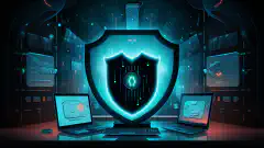 Un'illustrazione animata che raffigura uno scudo che protegge un sistema informatico da varie minacce informatiche.