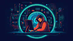 Illustrazione animata di un hacker che utilizza un computer e una lente di ingrandimento per rappresentare l'esplorazione e l'analisi delle vulnerabilità e degli exploit nei sistemi informatici.
