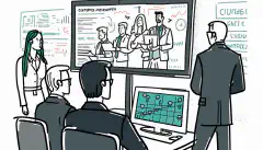 Un'immagine animata di un gruppo di dipendenti riuniti intorno a un computer o un esperto di sicurezza che spiega i concetti di cybersecurity su una lavagna.