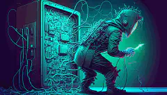 Un'immagine animata di un hacker che cerca di penetrare in un sistema informatico protetto dalla crittografia RSA, ma poi fallisce mentre un computer quantistico risolve la crittografia in pochi secondi sullo sfondo.