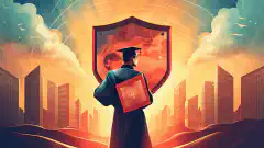 Illustrazione di una persona che tiene in mano un cappello di laurea con uno scudo che rappresenta la cybersecurity, a simboleggiare la necessità di istruzione e competenze nel campo della cybersecurity. --aspetto 16:9