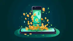 Un'illustrazione che mostra uno smartphone da cui fuoriesce del denaro, a rappresentare il concetto di guadagnare ricompense condividendo le risorse di Internet attraverso l'App Earn.