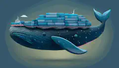 Un'immagine di una nave da carico, a forma di balena blu, che trasporta più contenitori Docker.