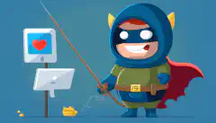 Un'immagine di un personaggio dei cartoni animati con un costume da supereroe e uno scudo che blocca una canna da pesca con un'e-mail di phishing.
