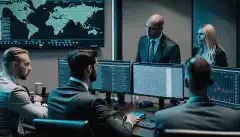 Un'immagine di un gruppo di professionisti della cybersecurity in una sala riunioni, che lavorano insieme per garantire la sicurezza dei sistemi e dei dati della loro organizzazione.