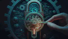 L'immagine di una serratura con ingranaggi simboleggia l'uso dell'IA nella sicurezza informatica, mentre una mano umana tiene una chiave per illustrare la supervisione umana.