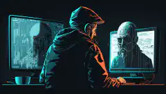 L'immagine di una persona seduta al computer con un'espressione preoccupata mentre sullo schermo appare un hacker o un criminale informatico, rappresenta i pericoli delle minacce informatiche e l'importanza della sicurezza informatica.