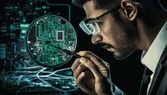 Un'immagine di un professionista della sicurezza che esamina il funzionamento interno di un dispositivo IoT, con vari componenti hardware e schede elettroniche visibili.