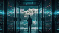 Un'immagine di una sala server con rack di server da un lato e una nuvola dall'altro, con una persona in piedi al centro che li guarda entrambi.