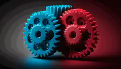 Un'immagine di tre ingranaggi, colorati di rosso, blu e azzurro, che si incastrano e girano insieme per simboleggiare la loro integrazione e collaborazione nell'automazione dei processi di cybersecurity