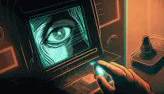 Illustrazione animata della mano di una persona che utilizza uno scanner di impronte digitali per accedere a un'area protetta, con il volto e l'iride di una persona visibili sullo sfondo.