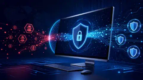 Un'illustrazione di uno schermo di computer che mostra un'interfaccia futuristica di un browser per la privacy con simboli astratti di protezione dei dati e crittografia su uno sfondo blu scuro.