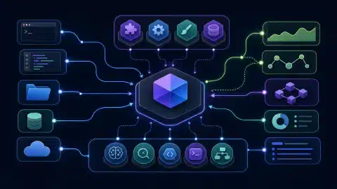 Icone di strumenti blu e viola, cartelle e pannelli di grafici astratti collegati a un centro geometrico su sfondo scuro