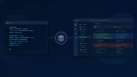 Ambienti di programmazione terminale e desktop collegati a un simbolo di repository con accenti turchesi e blu