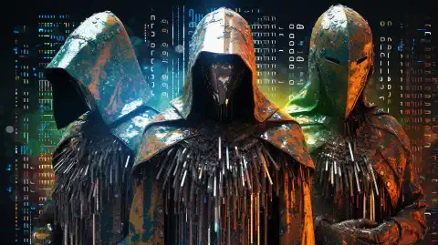 Un'opera simbolica che raffigura tre guerrieri rappresentanti Albine DeleteMe, OneRep e Incogni in una feroce battaglia per la privacy dei dati.