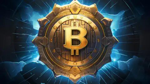 Un'opera d'arte simbolica che mostra uno scudo-emblema, che rappresenta la trasformazione di Bitcoin in una potente tecnologia di sicurezza elettro-cyber.