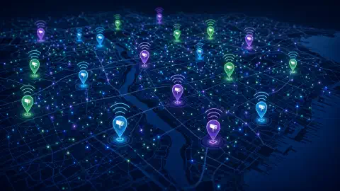 Una mappa interattiva che mostra indicatori colorati che indicano le posizioni delle telecamere Flock Safety ALPR, con segnali WiFi astratti che emanano dagli indicatori su uno sfondo scuro.