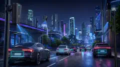 Un'illustrazione di una città futuristica con varie telecamere ALPR Flock Safety montate su pali ed edifici, che catturano i veicoli in transito. La scena presenta uno sfondo scuro con colori brillanti e vivaci.