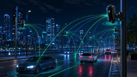 Un incrocio buio illuminato da una telecamera di sorveglianza montata su un palo, con dati sulla targa sovrapposti alle auto di passaggio.