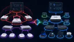Un'illustrazione che mostra due architetture di sicurezza di rete. A sinistra, i componenti Fortinet come i firewall FortiGate e FortiSwitch sono interconnessi. A destra, sono rappresentate le soluzioni Cisco come Secure Firewall e switch Catalyst, il tutto su uno sfondo scuro.
