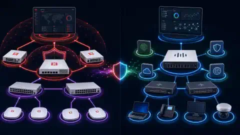 Un'illustrazione che mostra due architetture di sicurezza di rete. A sinistra, i componenti Fortinet come i firewall FortiGate e FortiSwitch sono interconnessi. A destra, sono rappresentate le soluzioni Cisco come Secure Firewall e switch Catalyst, il tutto su uno sfondo scuro.