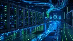 Un data center futuristico con rack di server densi, percorsi di rete luminosi e un'atmosfera tecnica blu scuro