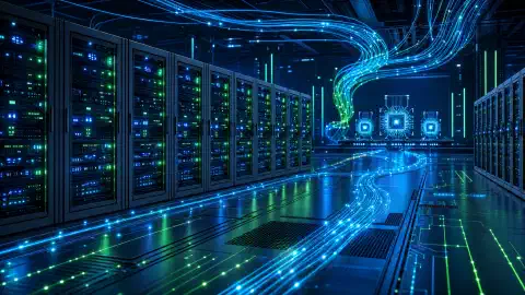 Un data center futuristico con rack di server densi, percorsi di rete luminosi e un'atmosfera tecnica blu scuro