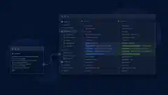 Prompt del terminale collegato a una selezione nell’editor e a un diff visivo in uno spazio di programmazione blu e verde