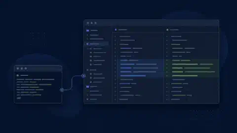 Prompt del terminale collegato a una selezione nell’editor e a un diff visivo in uno spazio di programmazione blu e verde