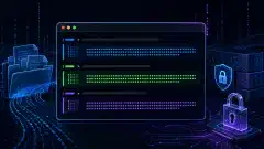 Un'illustrazione di un terminale Linux futuristico che mostra output di comandi hash, circondato da file astratti e simboli digitali su uno sfondo scuro, con accenti vivaci blu, verde e viola.