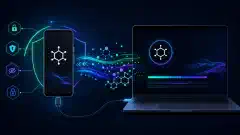 Un'illustrazione digitale astratta che mostra uno smartphone Google Pixel collegato a un computer tramite cavo USB-C, circondato da elementi grafici che rappresentano il trasferimento di dati e la sicurezza.