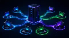 Un server futuristico circondato da computer client luminosi, che illustra l'attivazione KMS in un ambiente scuro con colori vivaci. La scena enfatizza la connettività digitale e la tecnologia moderna.