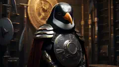 Un'arte simbolica che mostra un pinguino guerriero scudato che protegge un server sicuro.
